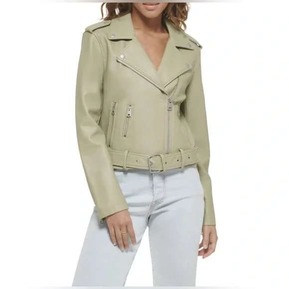NWT Levi’s Faux Leather Belted Moto Jacket - Sage Green Size S - Picture 3 of 16